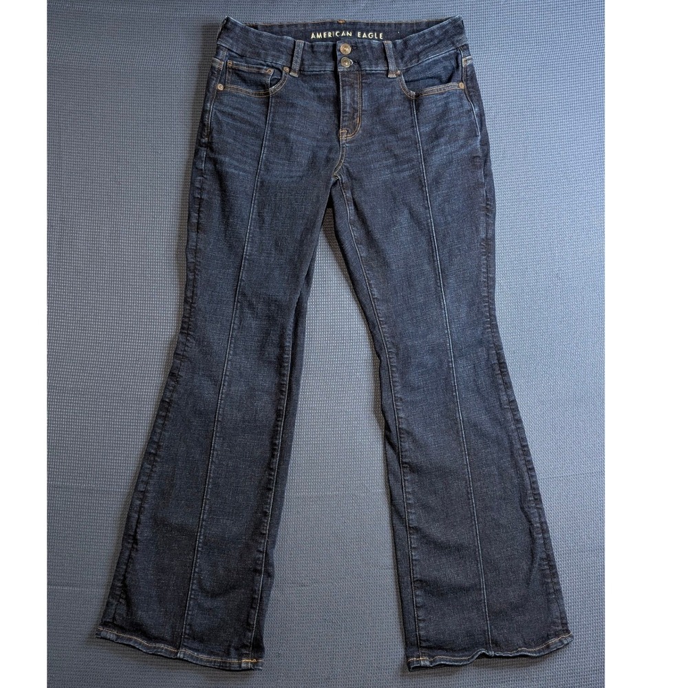 American Eagle Next Level Stretch Flare Jeans Dark Wash Seam Front Size 10 Reg